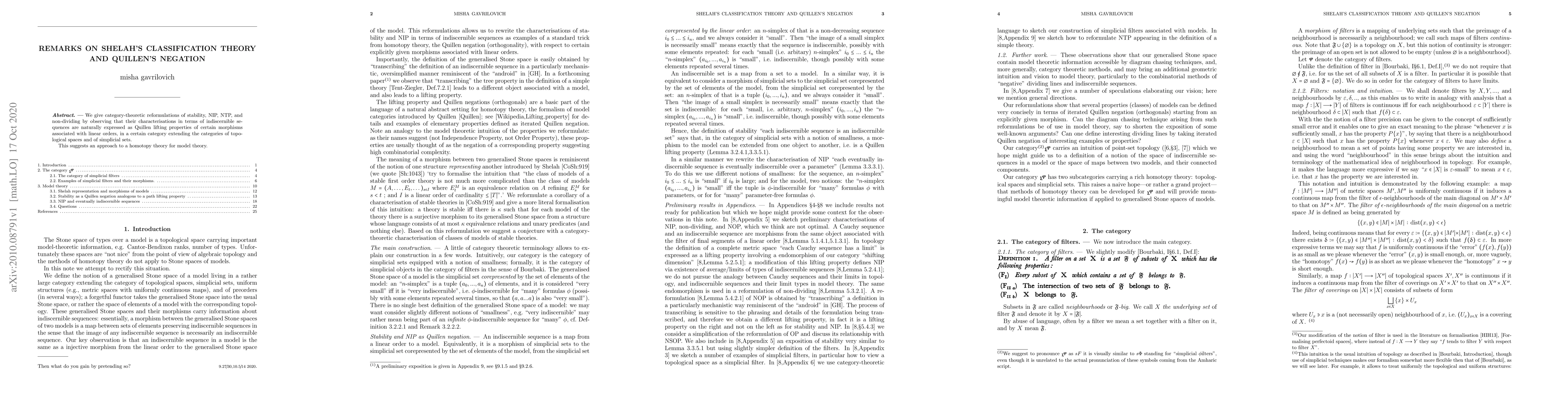 Thumbnail for Remarks on Shelah's classification theory and Quillen's negation