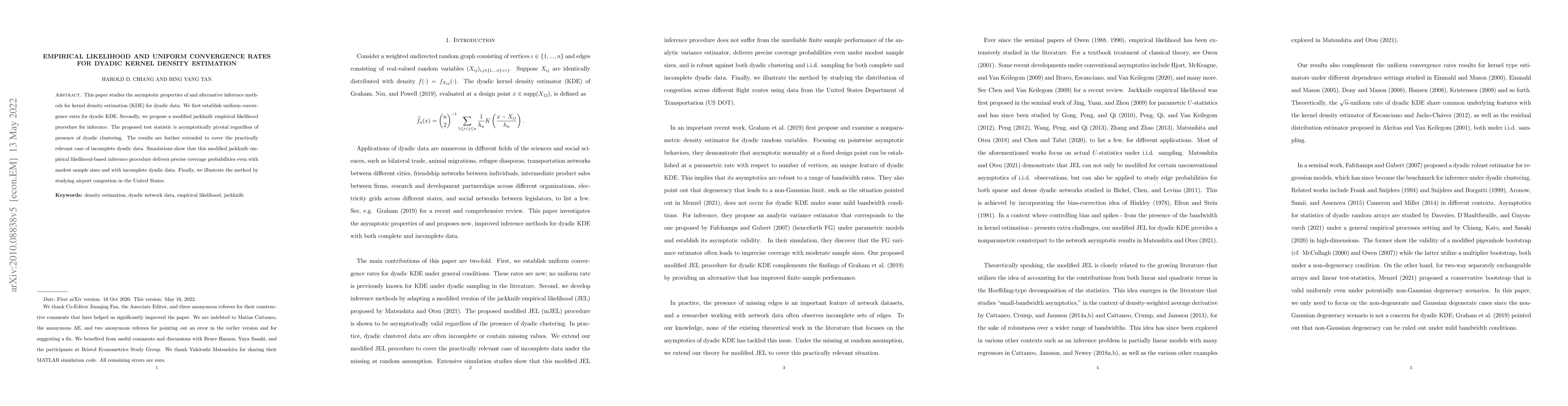 Thumbnail for Empirical likelihood and uniform convergence rates for dyadic kernel
  density estimation