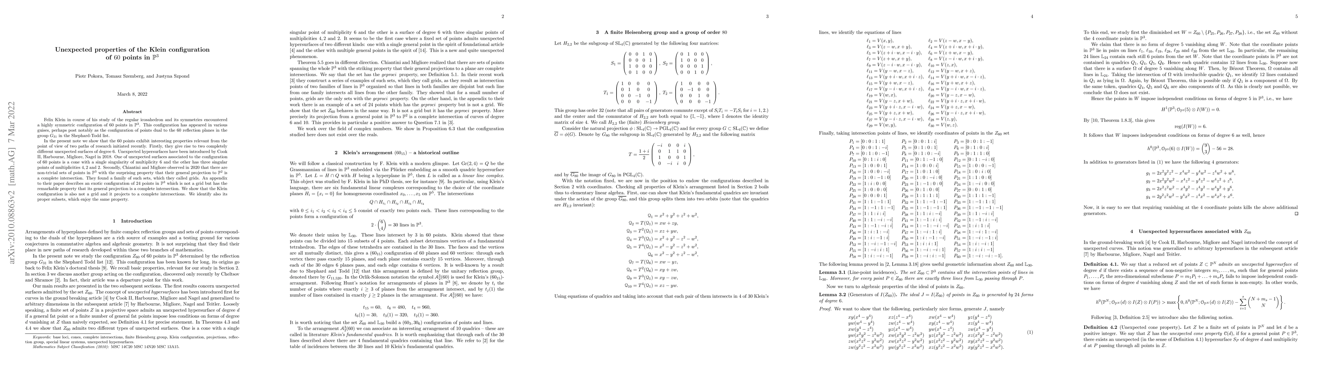 Thumbnail for Unexpected properties of the Klein configuration of $60$ points in
  ${\mathbb P}^3$