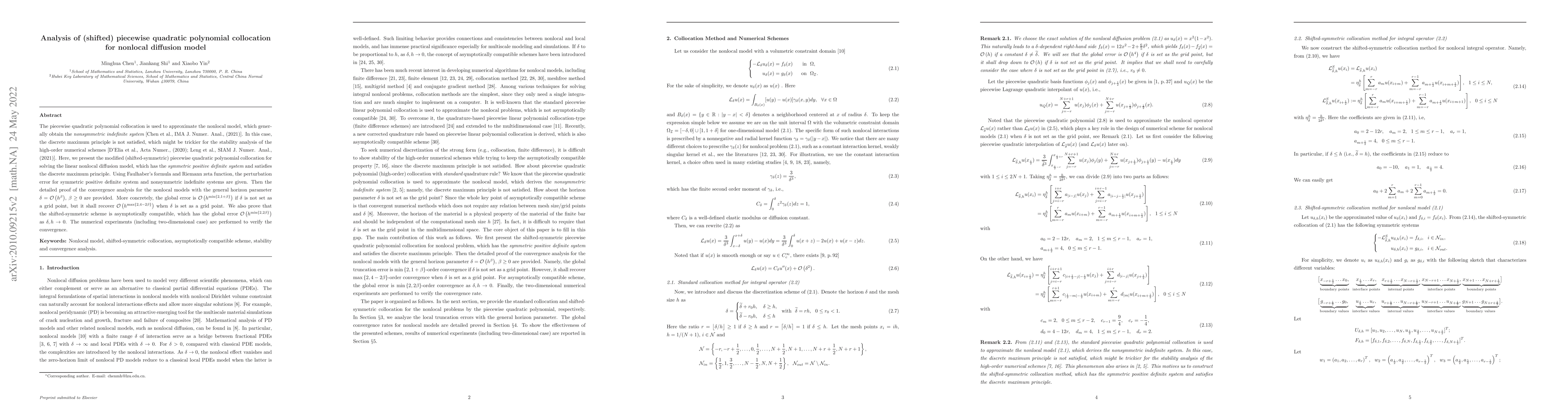 Thumbnail for Analysis of (shifted) piecewise quadratic polynomial collocation for
  nonlocal diffusion model