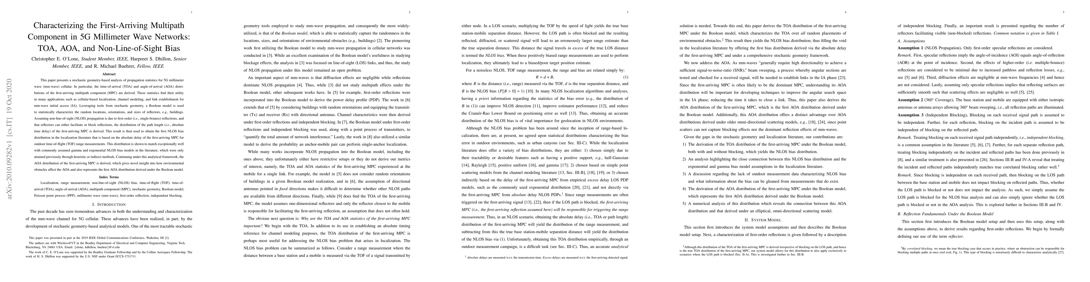 Thumbnail for Characterizing the First-Arriving Multipath Component in 5G Millimeter
  Wave Networks: TOA, AOA, and Non-Line-of-Sight Bias