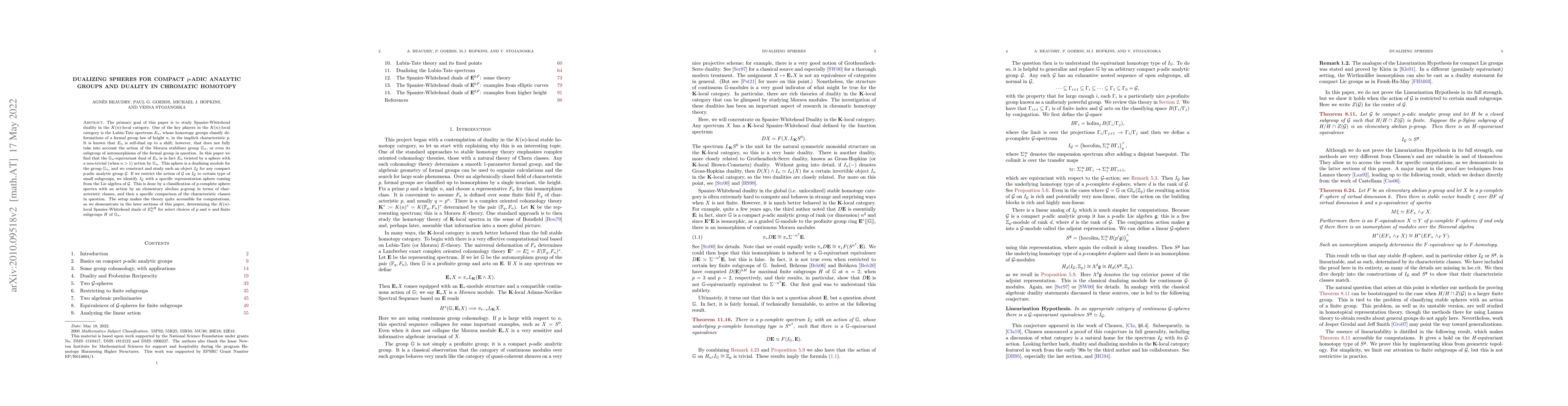 Thumbnail for Dualizing spheres for compact $p$-adic analytic groups and duality in
  chromatic homotopy