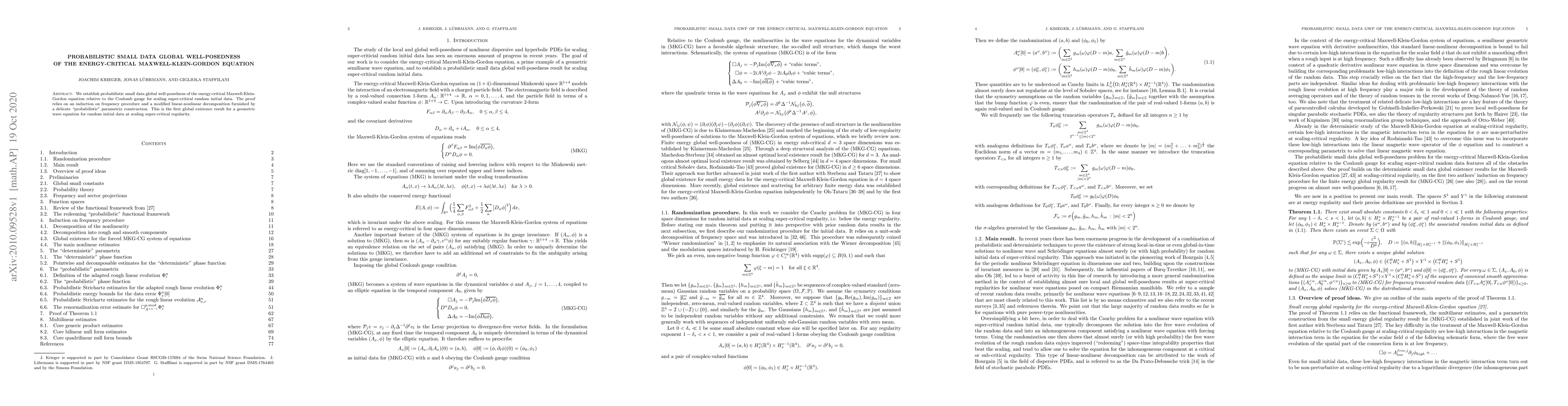 Thumbnail for Probabilistic small data global well-posedness of the energy-critical
  Maxwell-Klein-Gordon equation