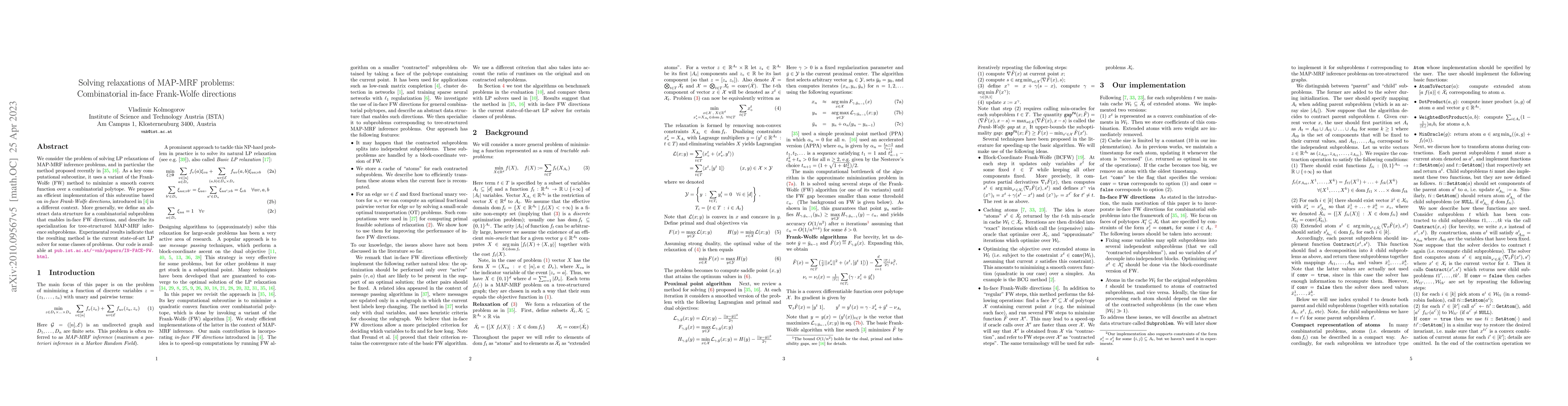 Thumbnail for Solving relaxations of MAP-MRF problems: Combinatorial in-face
  Frank-Wolfe directions