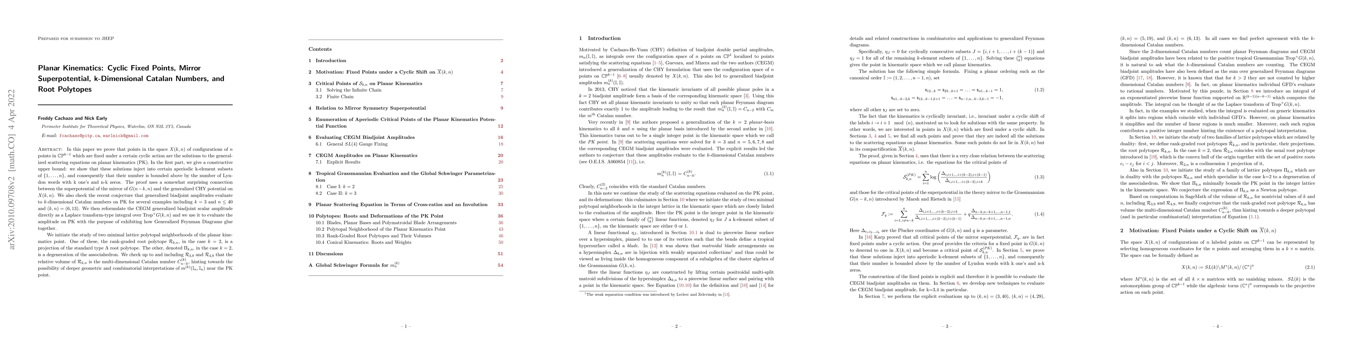 Thumbnail for Planar Kinematics: Cyclic Fixed Points, Mirror Superpotential,
  k-Dimensional Catalan Numbers, and Root Polytopes