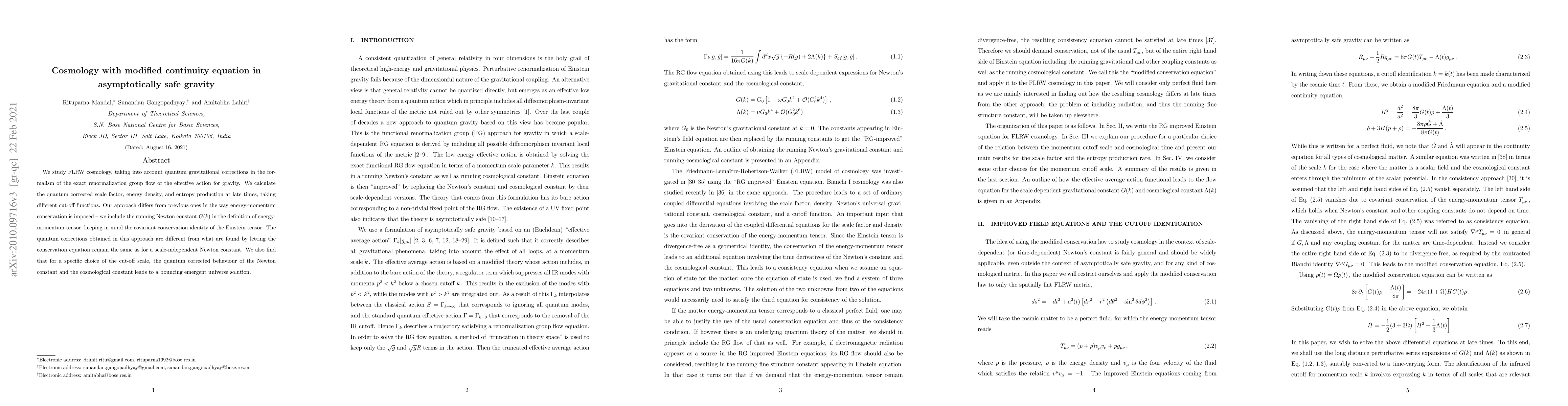 Thumbnail for Cosmology with modified continuity equation in asymptotically safe
  gravity