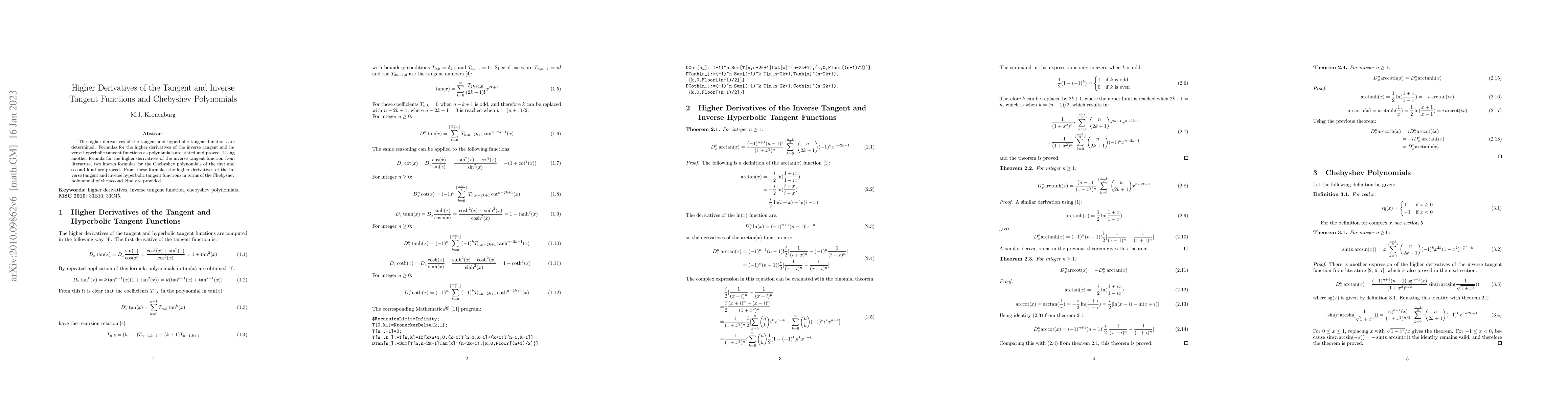 Thumbnail for Higher Derivatives of the Tangent and Inverse Tangent Functions and
  Chebyshev Polynomials