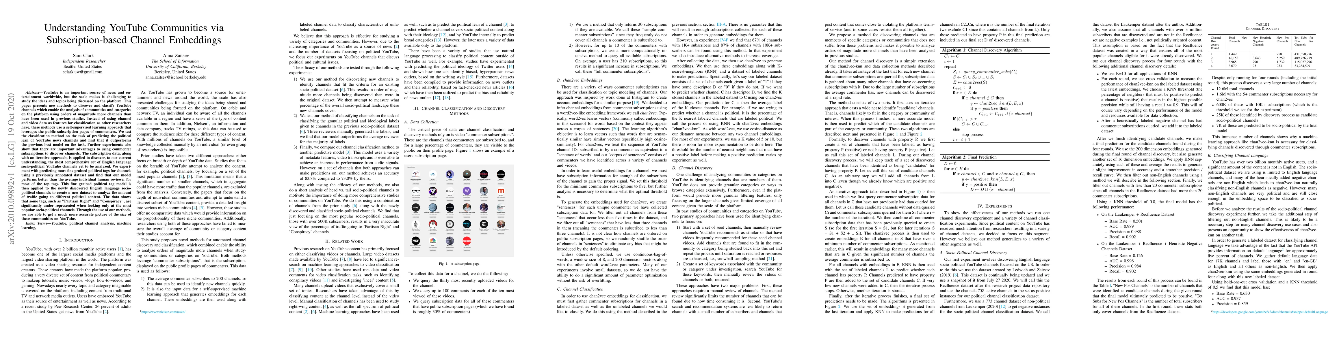 Thumbnail for Understanding YouTube Communities via Subscription-based Channel
  Embeddings