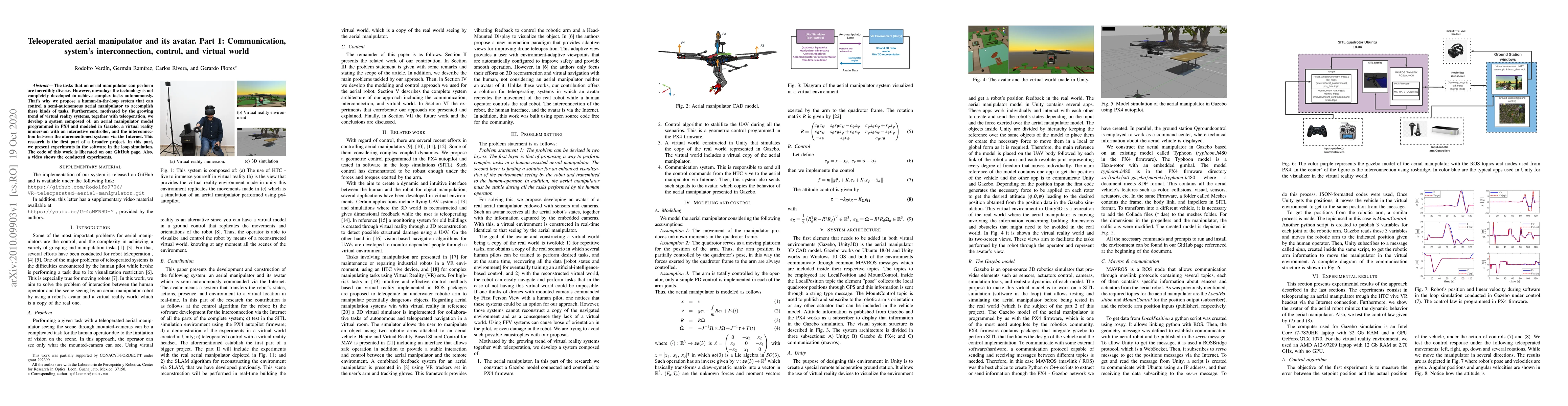 Thumbnail for Teleoperated aerial manipulator and its avatar. Part 1: Communication,
  system's interconnection, control, and virtual world