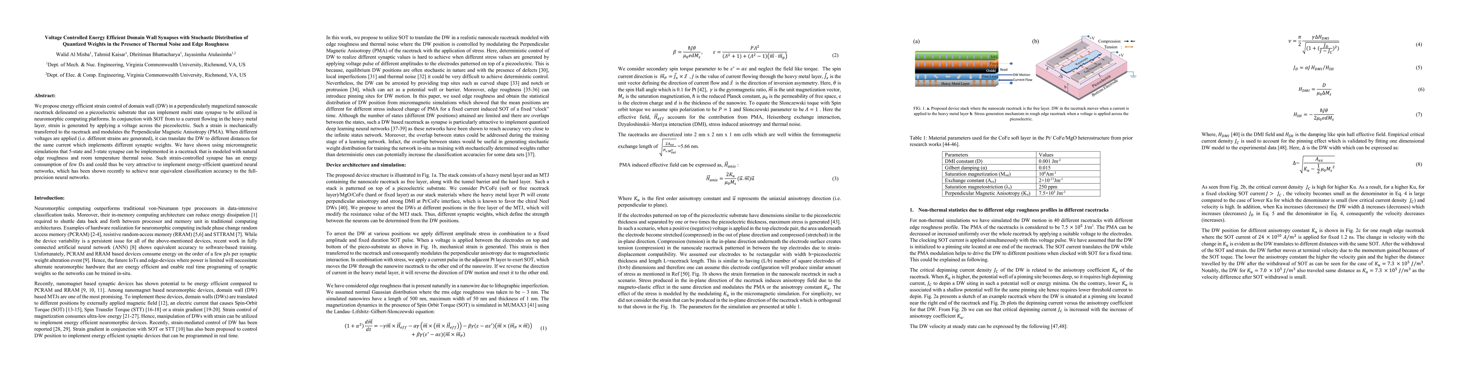 Thumbnail for Voltage Controlled Energy Efficient Domain Wall Synapses with Stochastic
  Distribution of Quantized Weights in the Presence of Thermal Noise and Edge
  Roughness