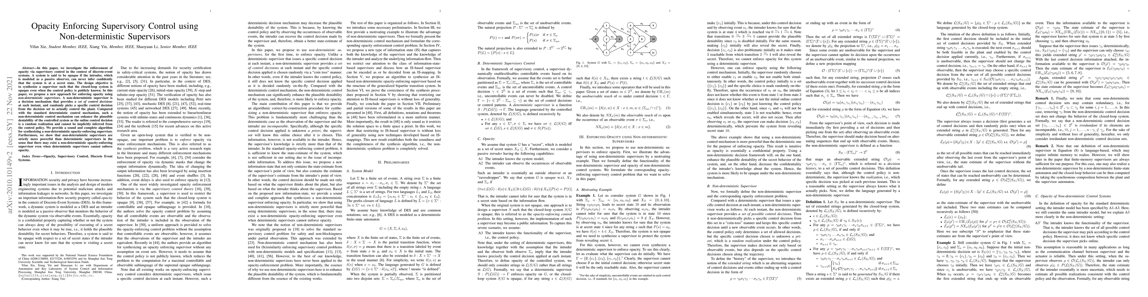 Thumbnail for Opacity Enforcing Supervisory Control using Non-deterministic
  Supervisors