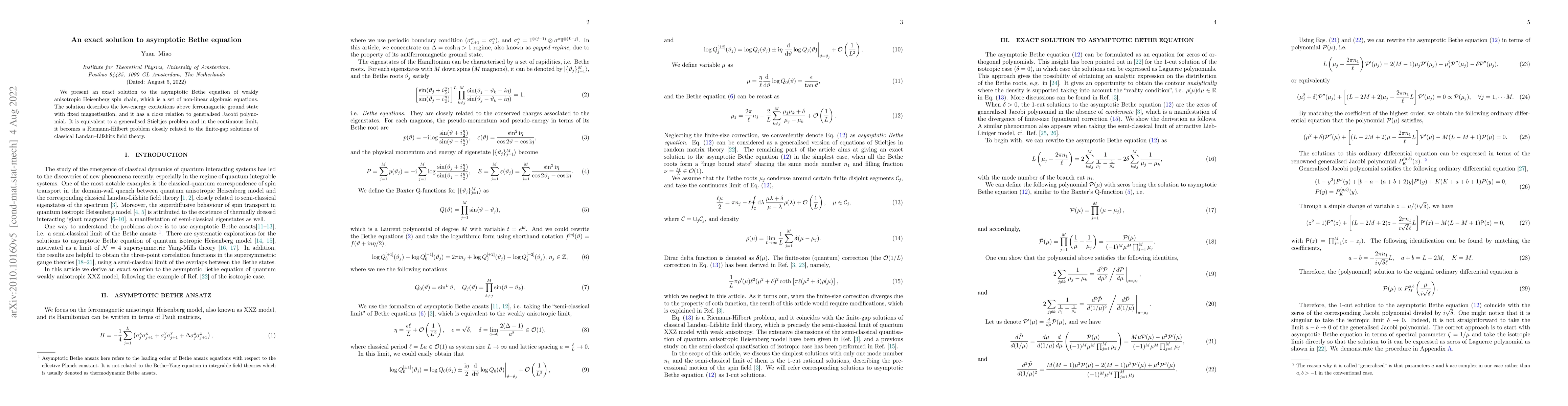 Thumbnail for An exact solution to asymptotic Bethe equation