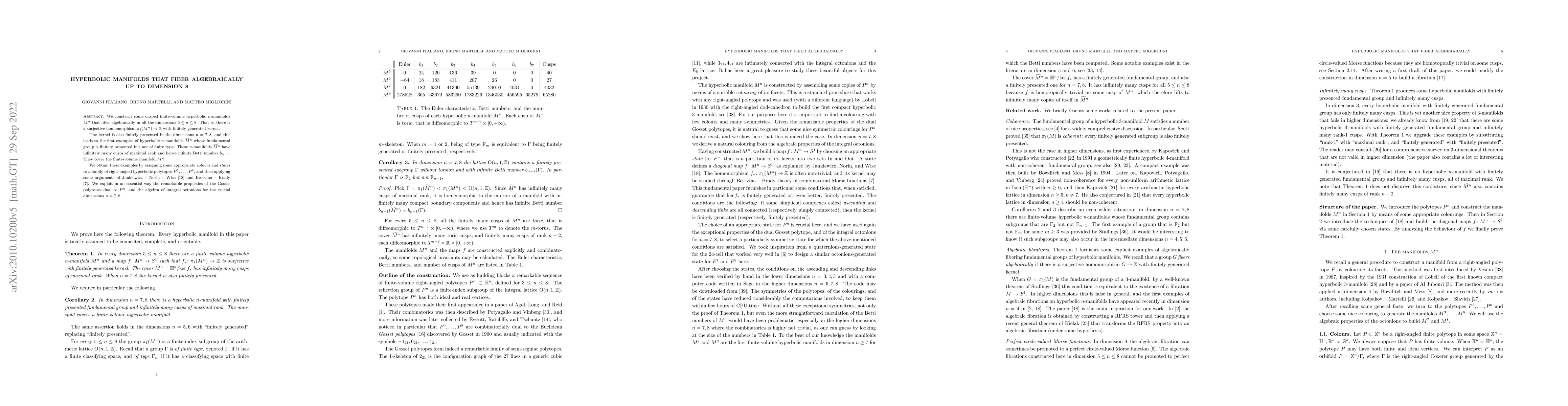 Thumbnail for Hyperbolic manifolds that fiber algebraically up to dimension 8