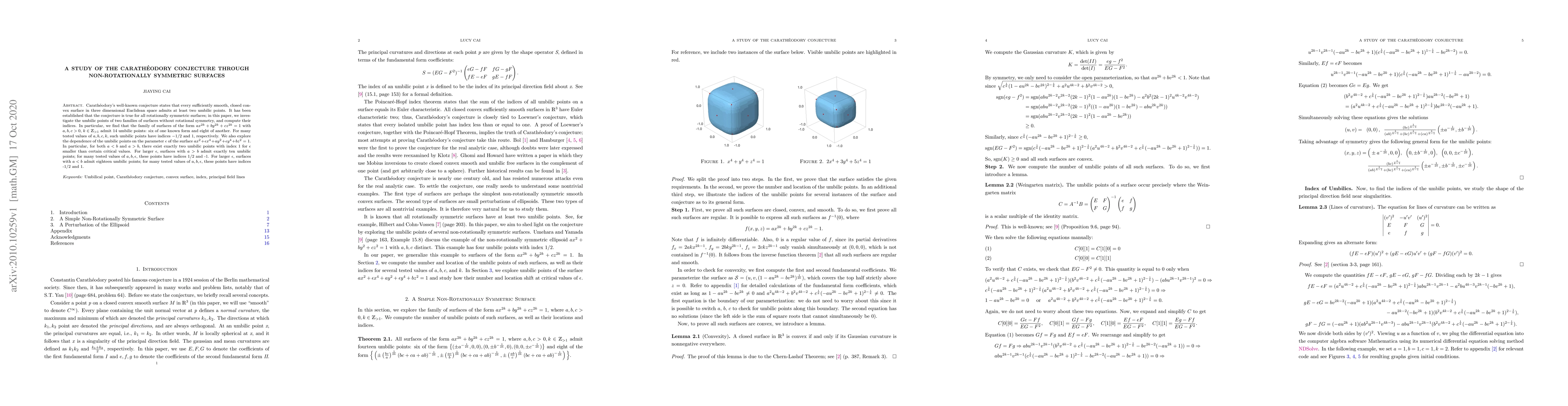 Thumbnail for A Study of the Carath\'eodory Conjecture through Non-Rotationally
  Symmetric Surfaces