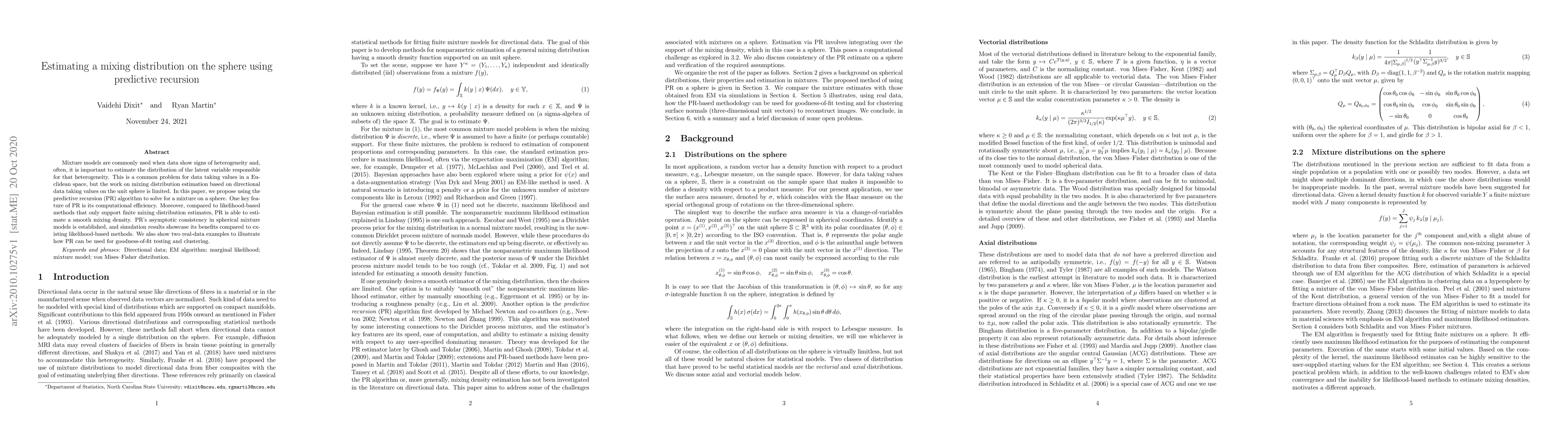 Thumbnail for Estimating a mixing distribution on the sphere using predictive
  recursion