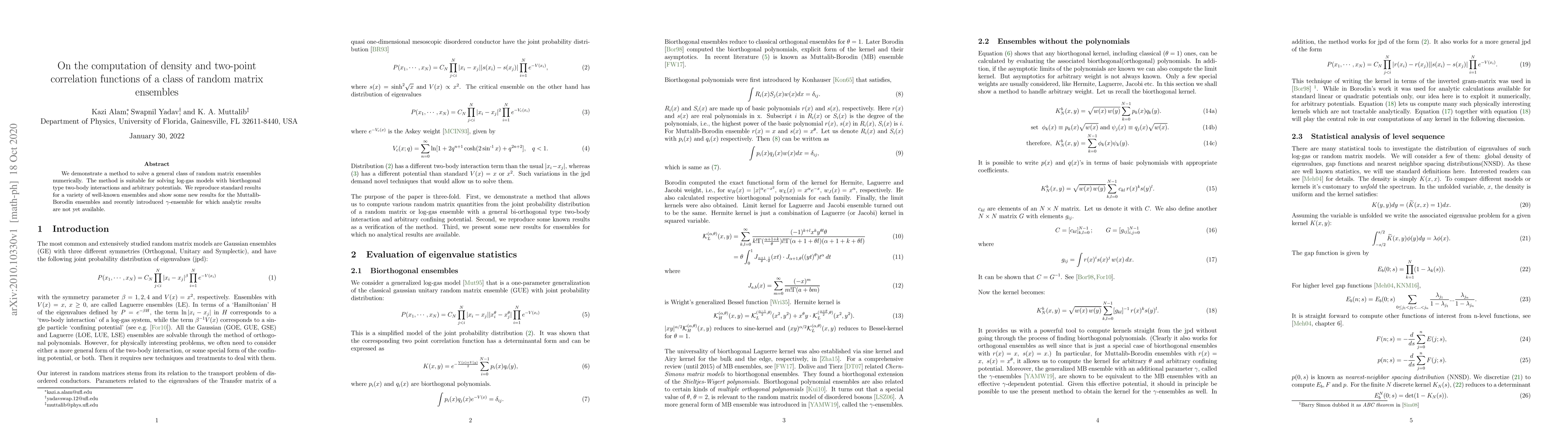 Thumbnail for On the computation of density and two-point correlation functions of a
  class of random matrix ensembles