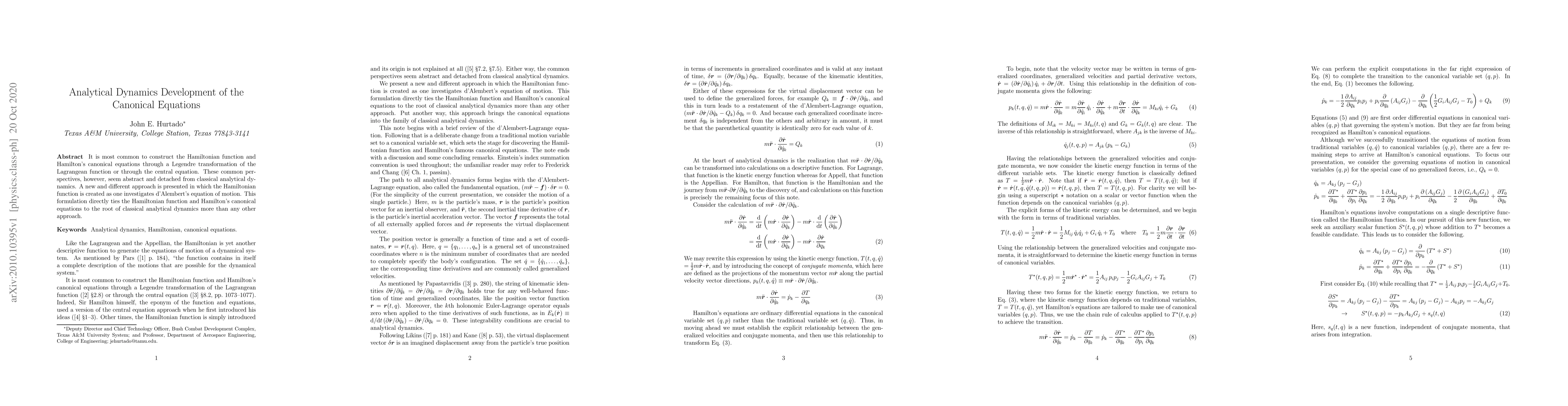 Thumbnail for Analytical Dynamics Development of the Canonical Equations