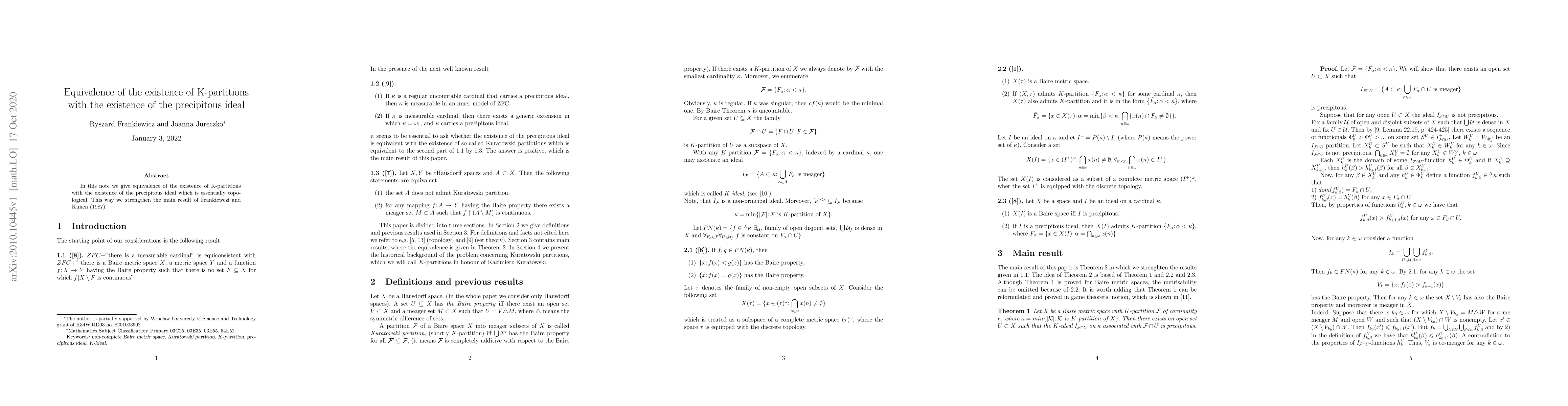 Thumbnail for Equivalence of the existence of K-partitions with the existence of the
  precipitous ideal