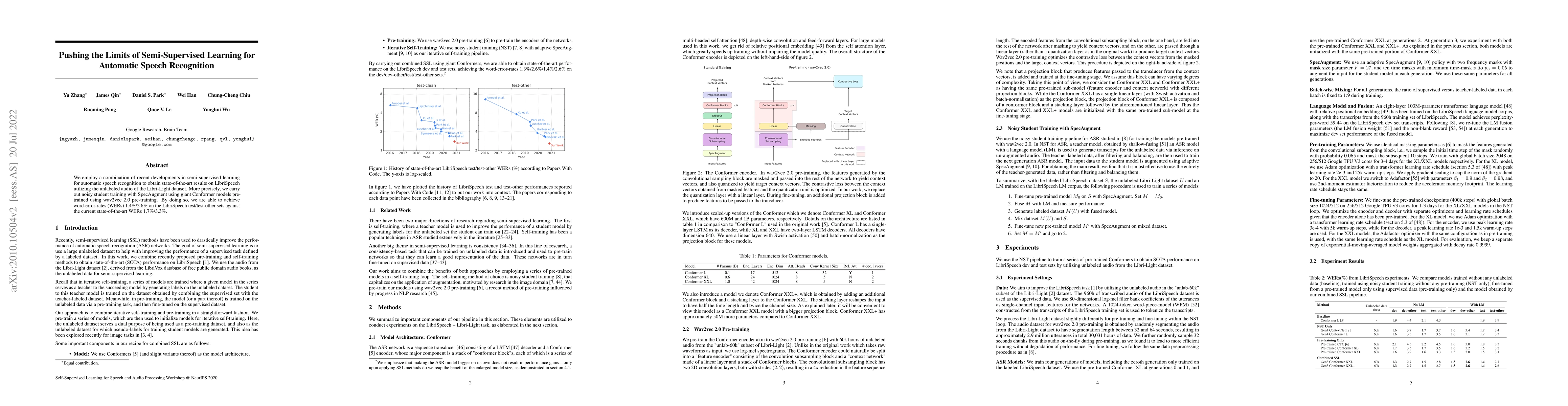 Thumbnail for Pushing the Limits of Semi-Supervised Learning for Automatic Speech
  Recognition