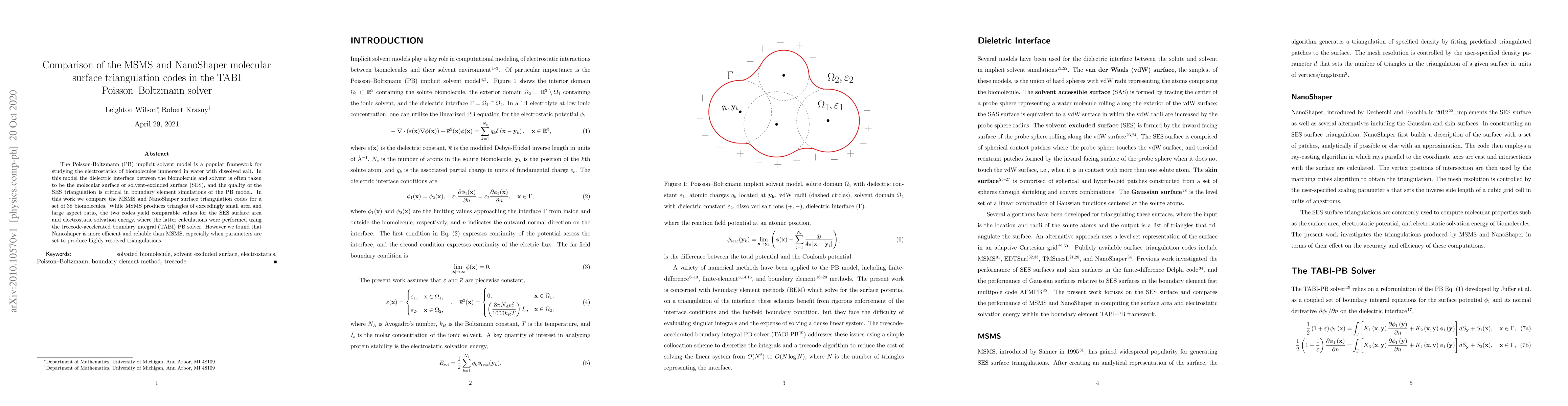 Thumbnail for Comparison of the MSMS and NanoShaper molecular surface triangulation
  codes in the TABI Poisson--Boltzmann solver
