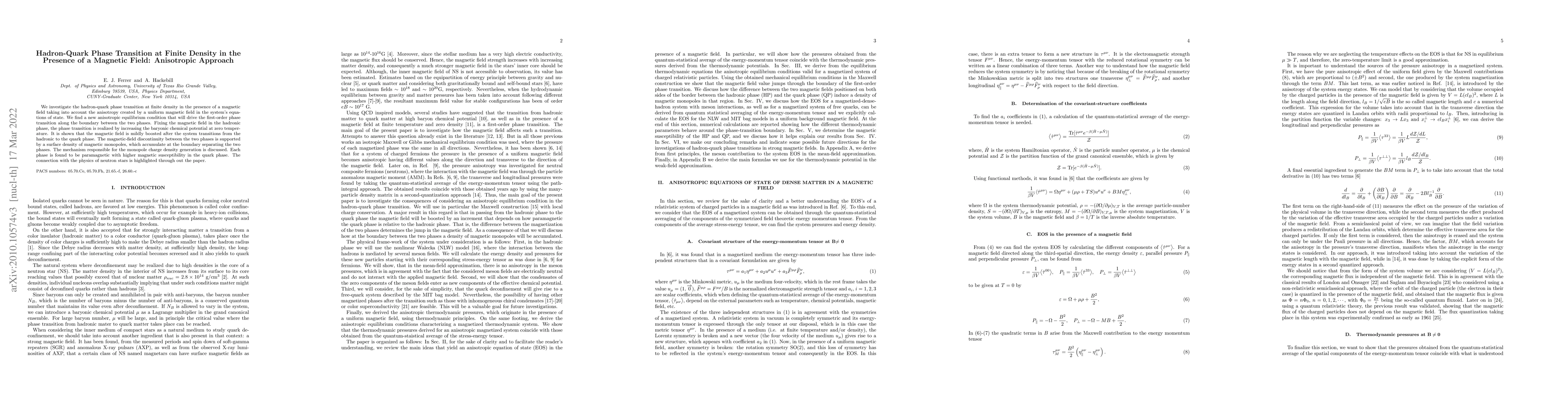 Thumbnail for Hadron-Quark Phase Transition at Finite Density in the Presence of a
  Magnetic Field: Anisotropic Approach