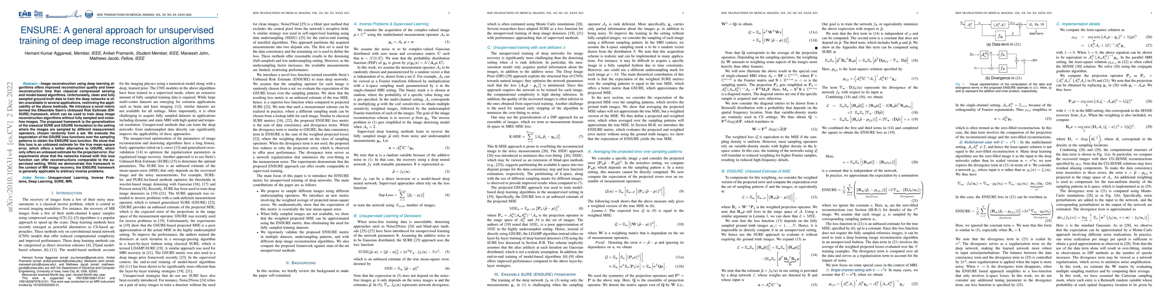 Thumbnail for ENSURE: A General Approach for Unsupervised Training of Deep Image
  Reconstruction Algorithms