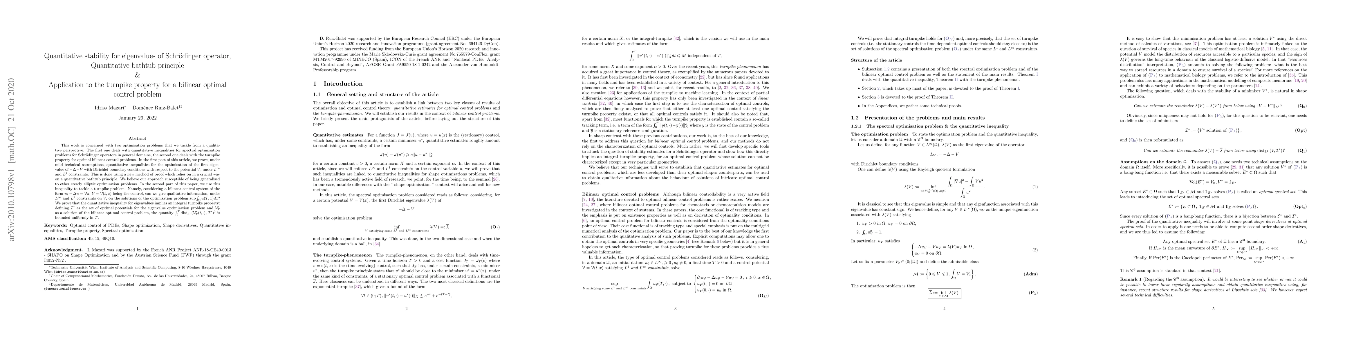 Thumbnail for Quantitative stability for eigenvalues of Schr\"{o}dinger operator,
  Quantitative bathtub principle \& Application to the turnpike property for a
  bilinear optimal control problem