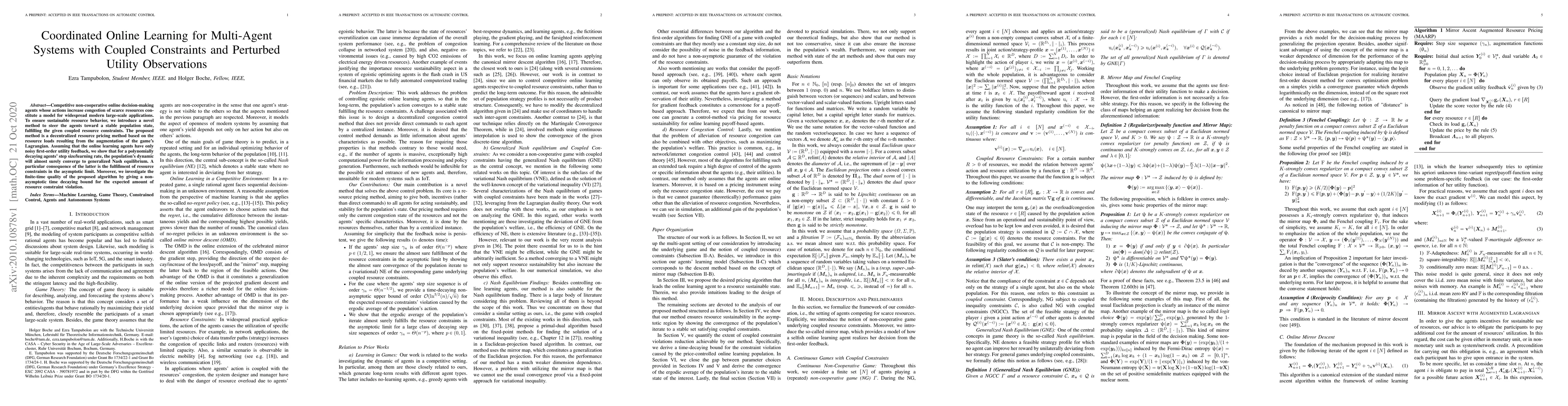 Thumbnail for Coordinated Online Learning for Multi-Agent Systems with Coupled
  Constraints and Perturbed Utility Observations