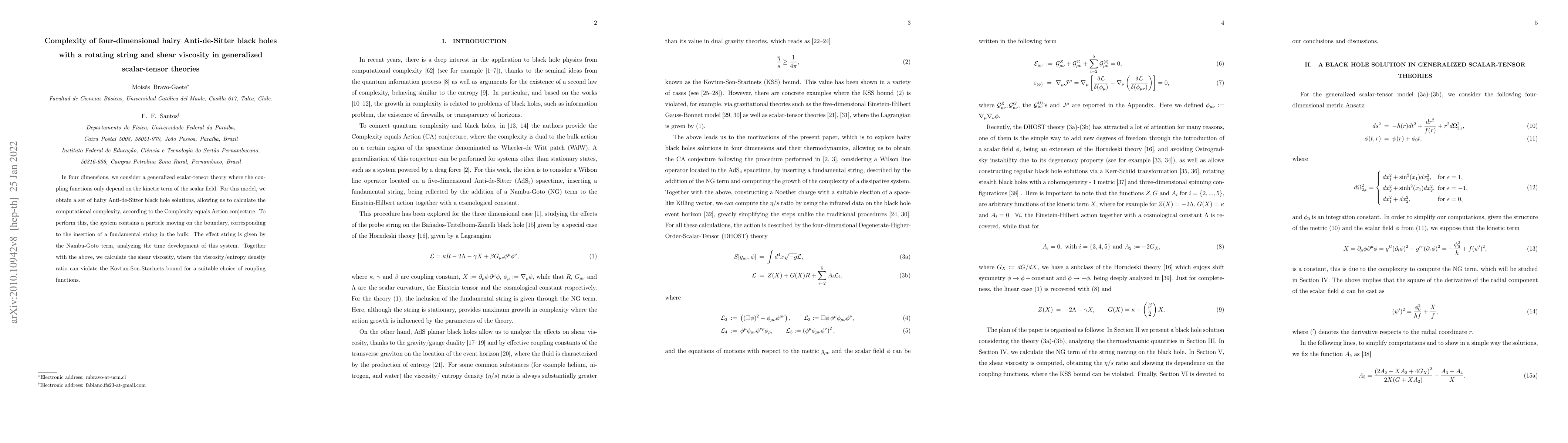 Thumbnail for Complexity of four-dimensional hairy Anti-de-Sitter black holes with a
  rotating string and shear viscosity in generalized scalar-tensor theories