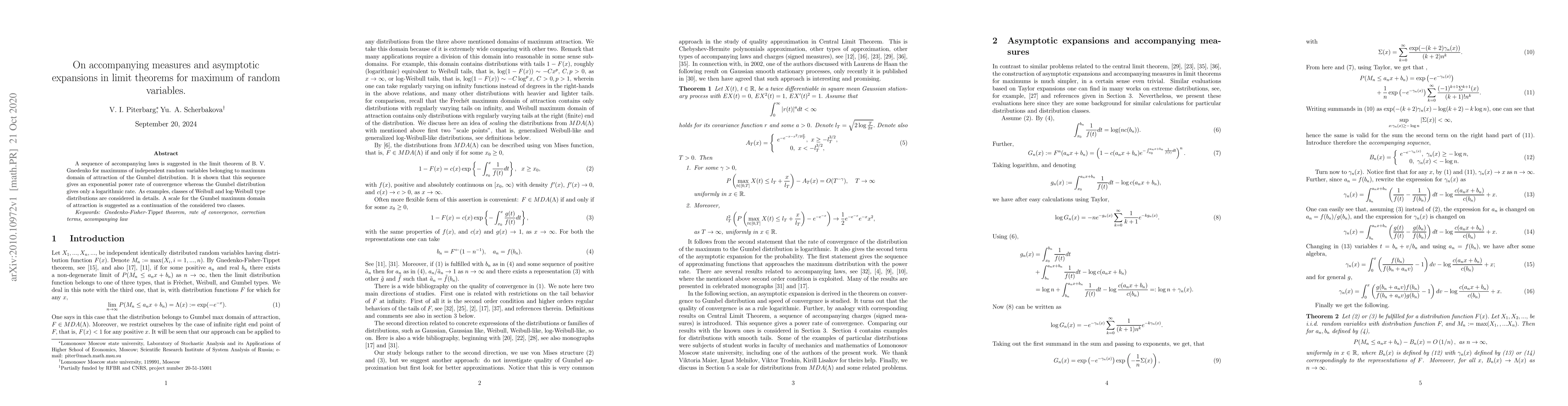 Thumbnail for On accompanying measures and asymptotic expansions in limit theorems for
  maximum of random variables