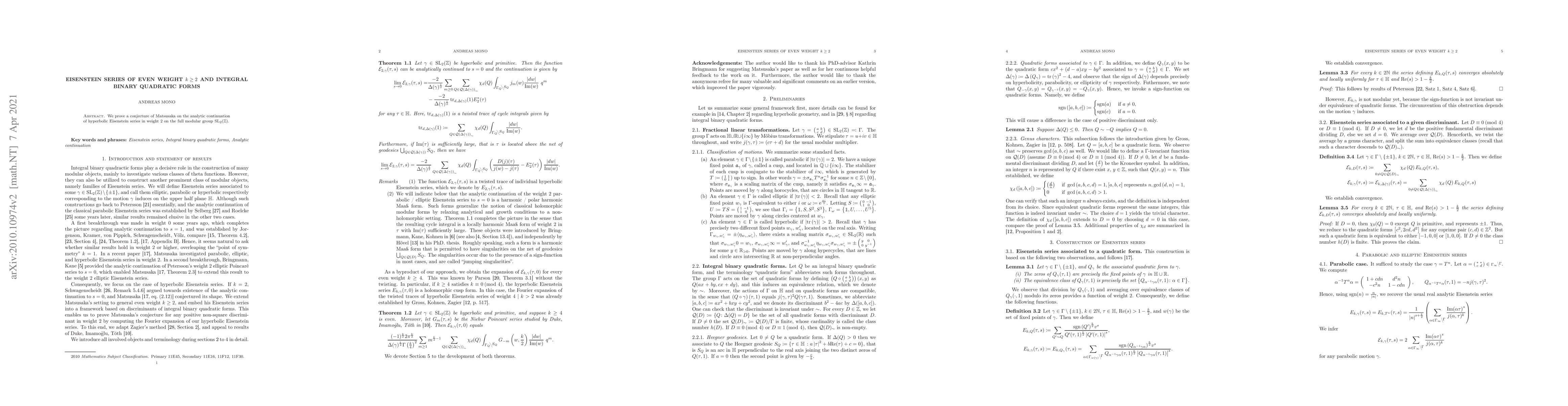 Thumbnail for Eisenstein series of even weight $k \geq 2$ and integral binary
  quadratic forms