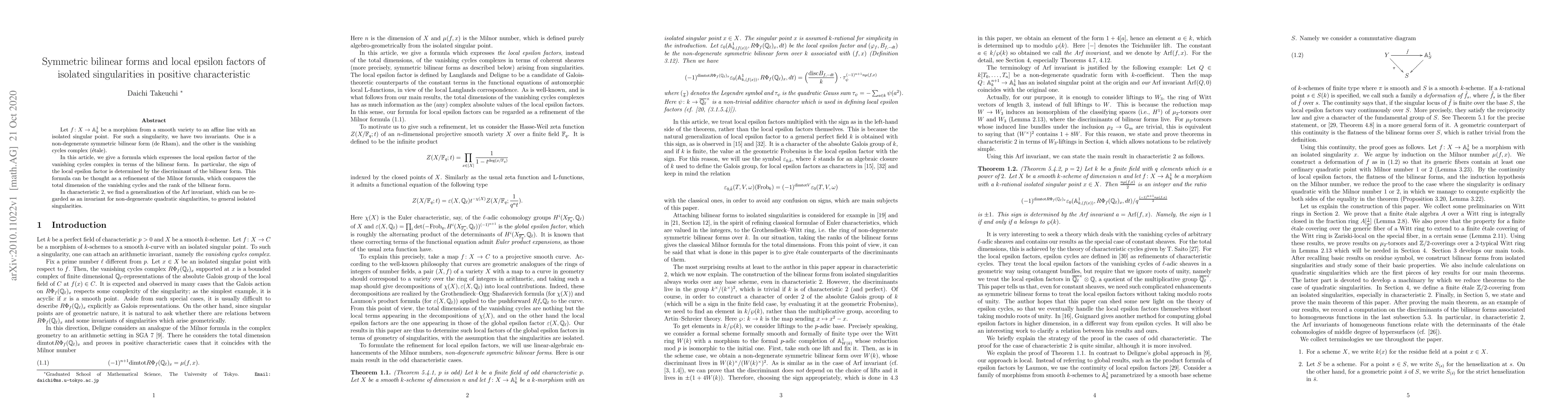 Thumbnail for Symmetric bilinear forms and local epsilon factors of isolated
  singularities in positive characteristic