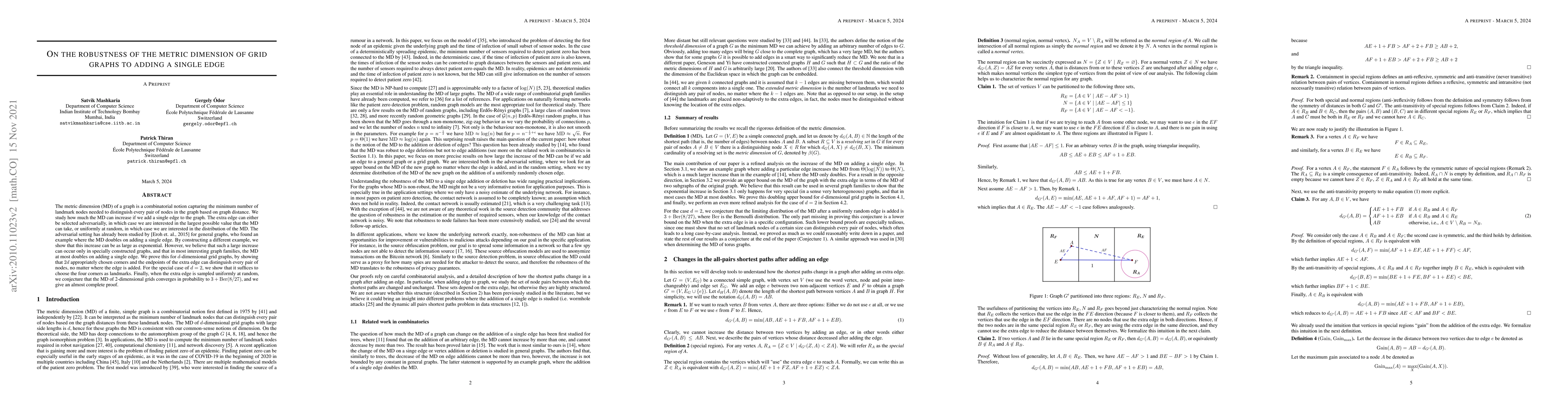 Thumbnail for On the robustness of the metric dimension of grid graphs to adding a
  single edge