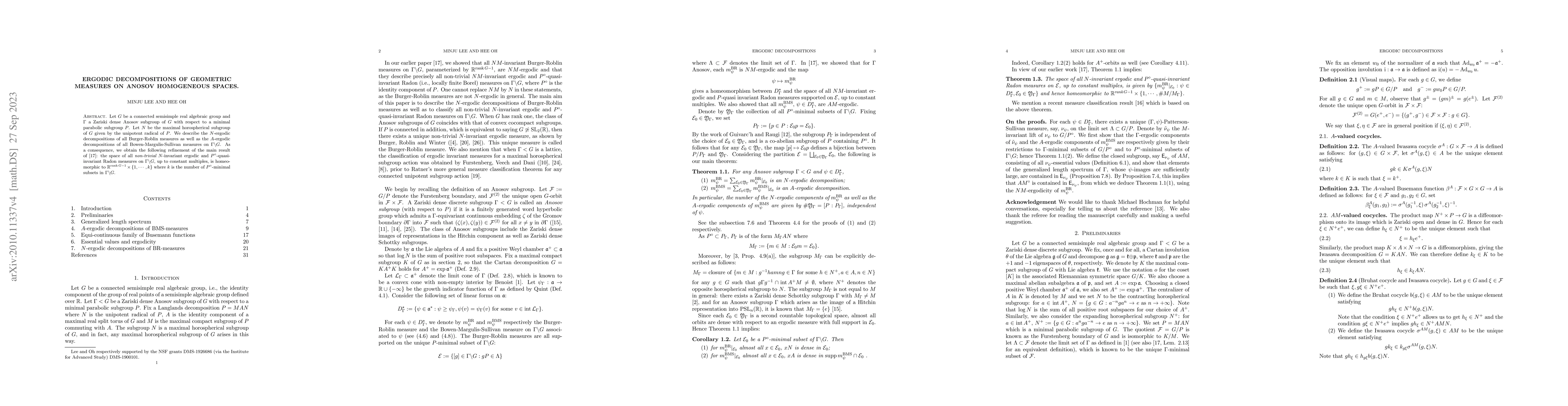 Thumbnail for Ergodic decompositions of geometric measures on Anosov homogeneous
  spaces