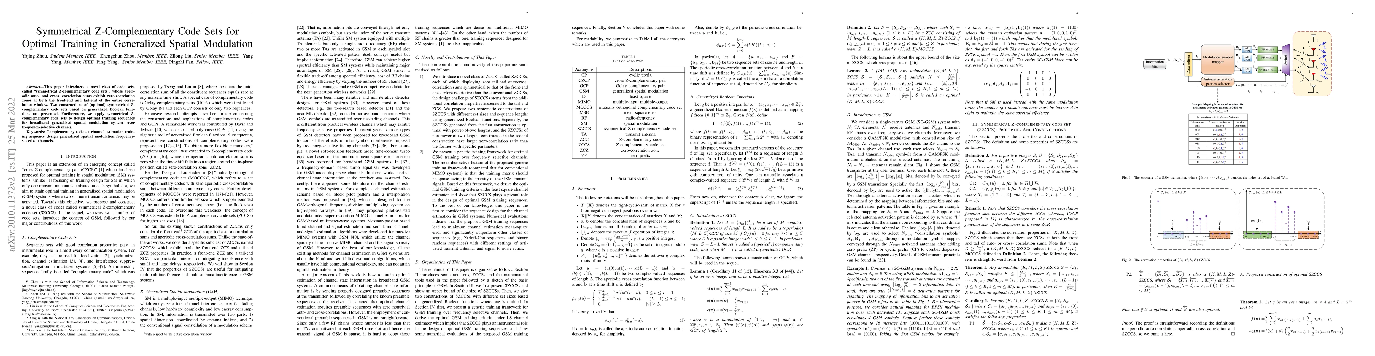 Thumbnail for Symmetrical Z-Complementary Code Sets (SZCCSs) for Optimal Training in
  Generalized Spatial Modulation