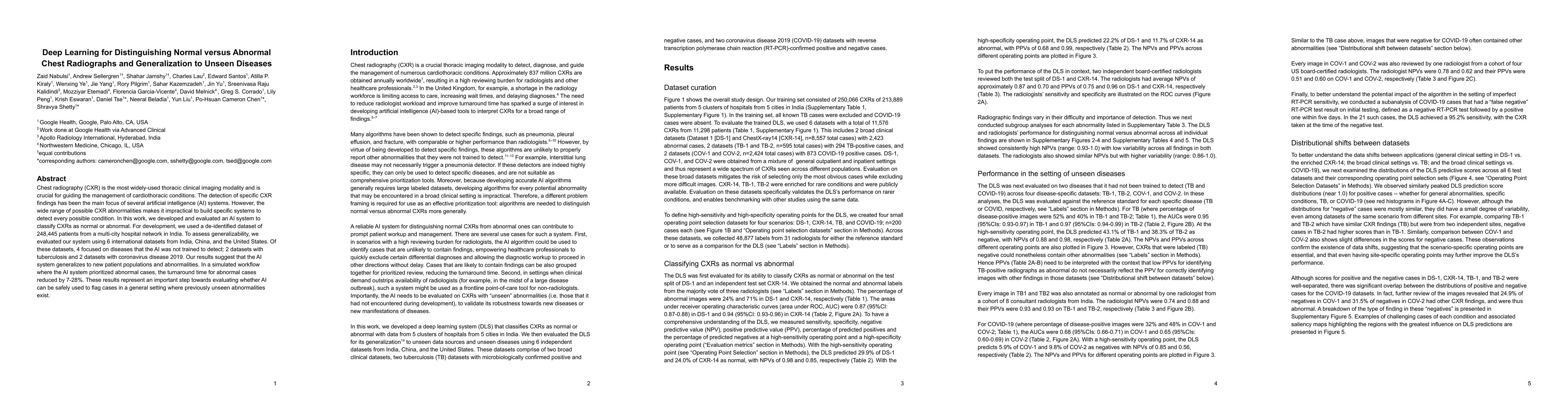 Thumbnail for Deep Learning for Distinguishing Normal versus Abnormal Chest
  Radiographs and Generalization to Unseen Diseases
