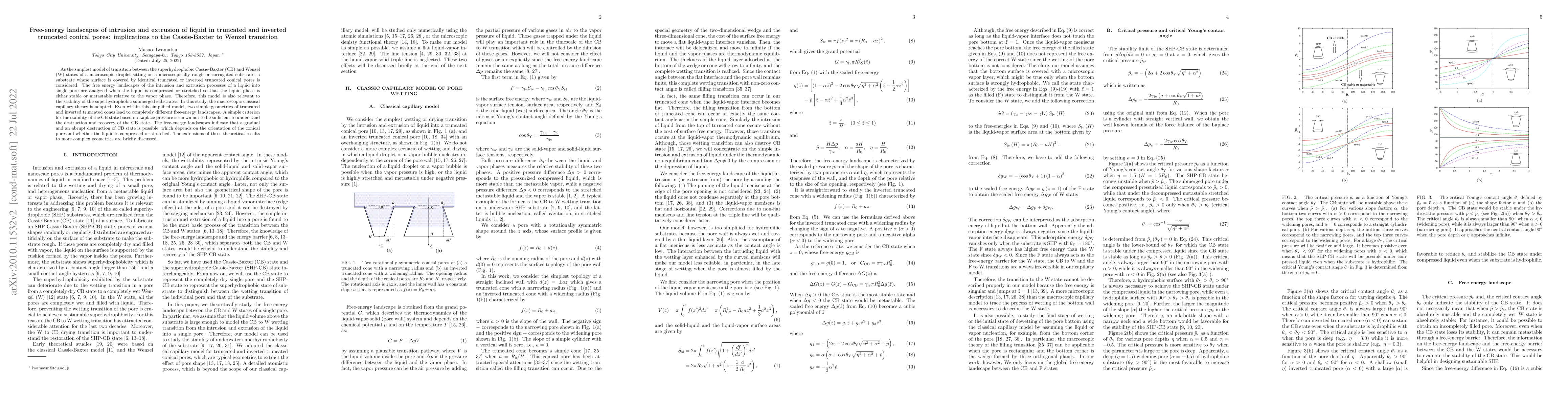Thumbnail for Free-energy landscapes of intrusion and extrusion of liquid in truncated
  and inverted truncated conical pores: implications to the Cassie-Baxter to
  Wenzel transition