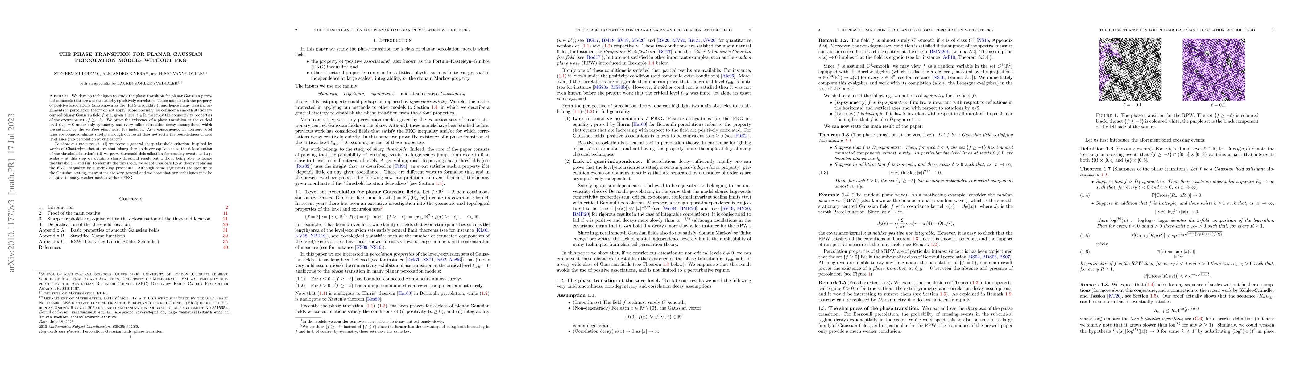 Thumbnail for The phase transition for planar Gaussian percolation models without FKG