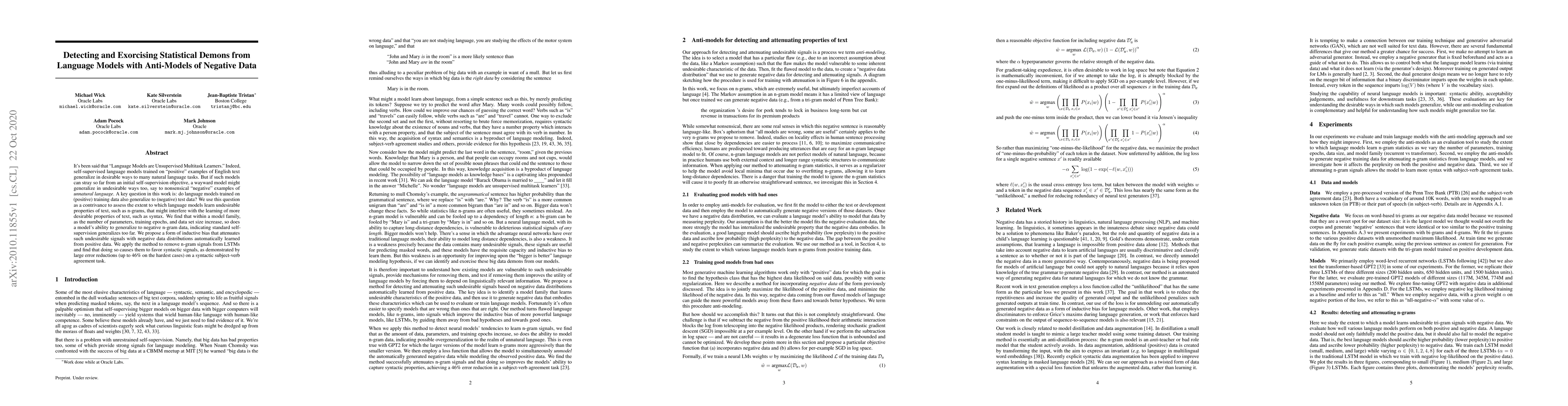 Thumbnail for Detecting and Exorcising Statistical Demons from Language Models with
  Anti-Models of Negative Data