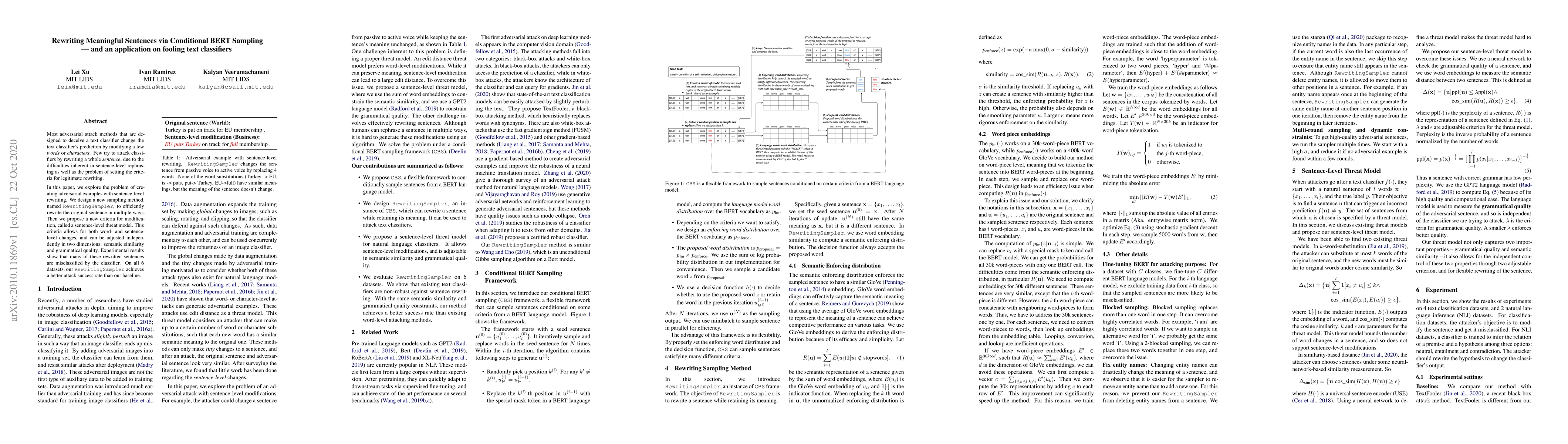 Thumbnail for Rewriting Meaningful Sentences via Conditional BERT Sampling and an
  application on fooling text classifiers