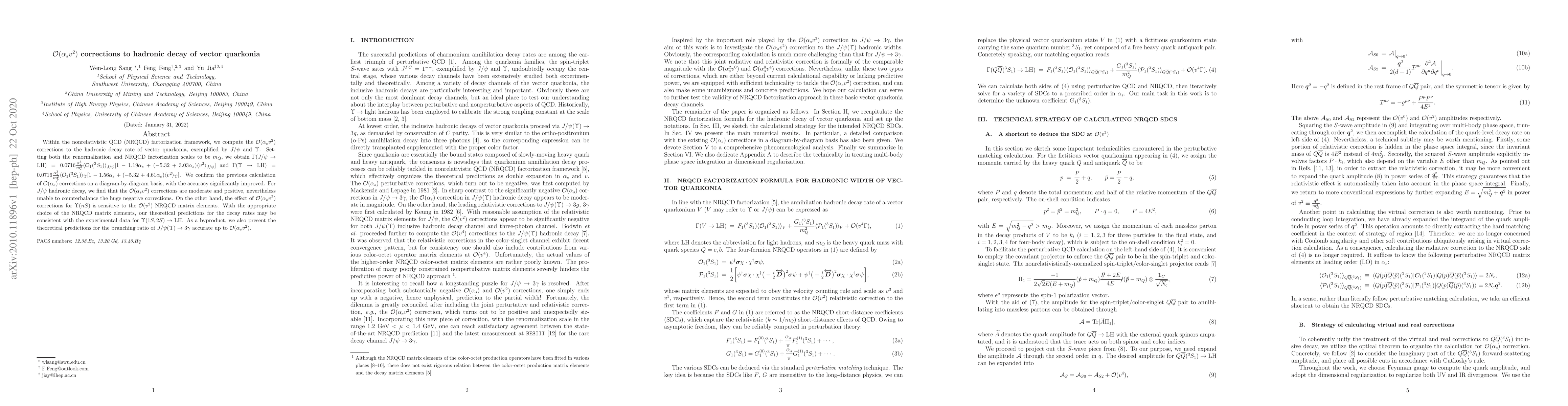 Thumbnail for ${\cal O}(\alpha_sv^2)$ corrections to hadronic decay of vector
  quarkonia