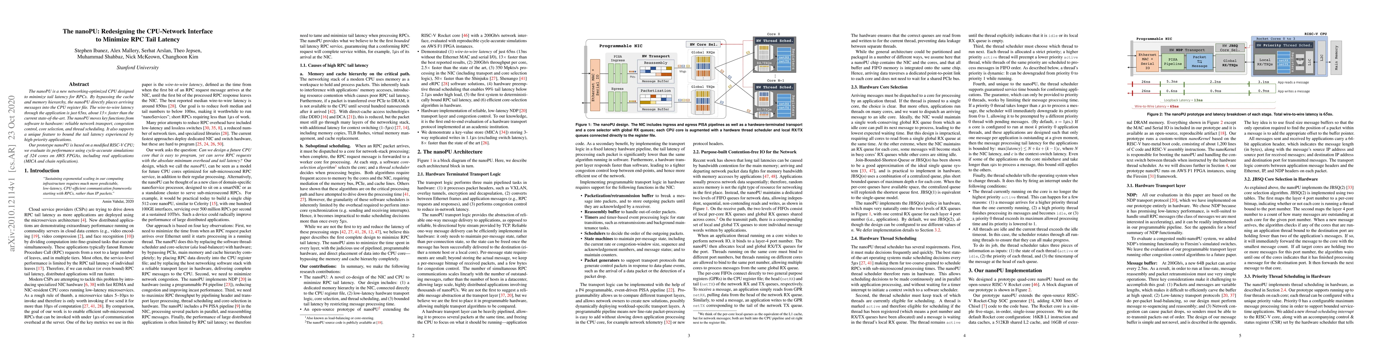 Thumbnail for The nanoPU: Redesigning the CPU-Network Interface to Minimize RPC Tail
  Latency
