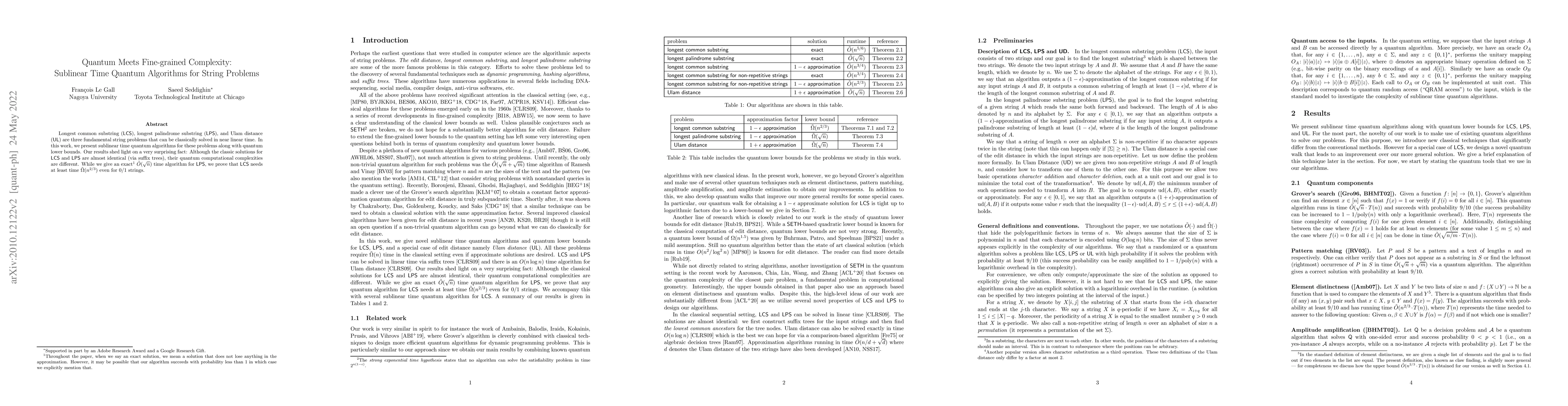 Thumbnail for Quantum Meets Fine-grained Complexity: Sublinear Time Quantum Algorithms
  for String Problems