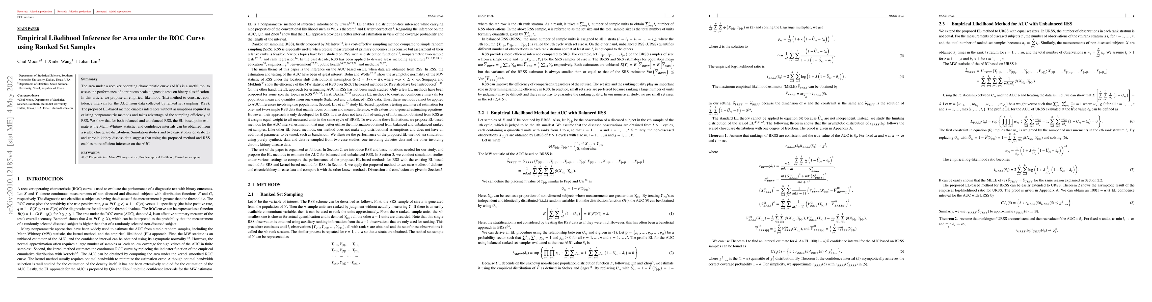 Thumbnail for Empirical Likelihood Inference for Area under the ROC Curve using Ranked
  Set Samples