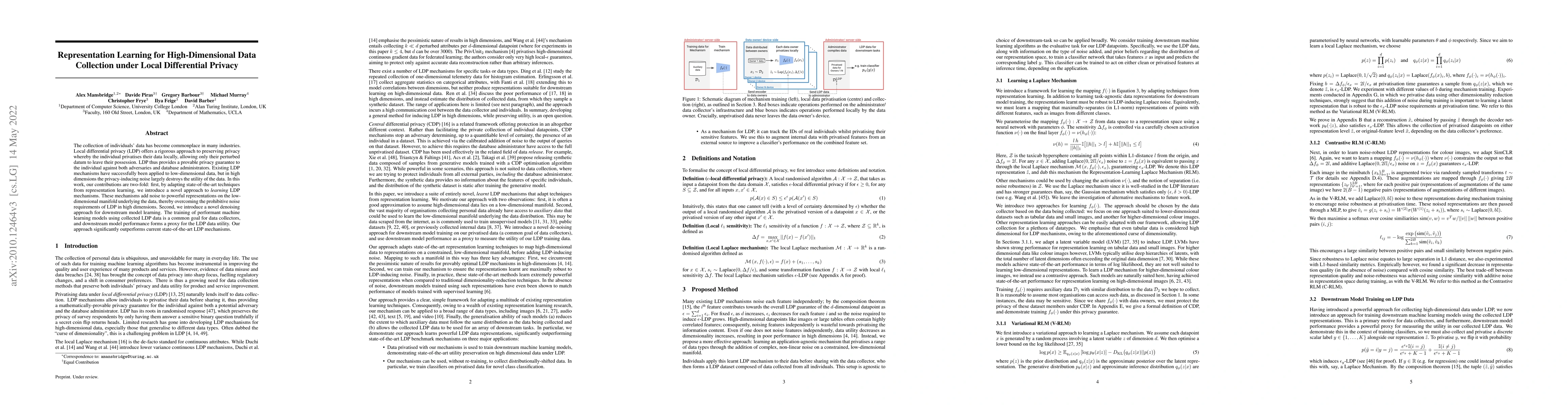Thumbnail for Representation Learning for High-Dimensional Data Collection under Local
  Differential Privacy