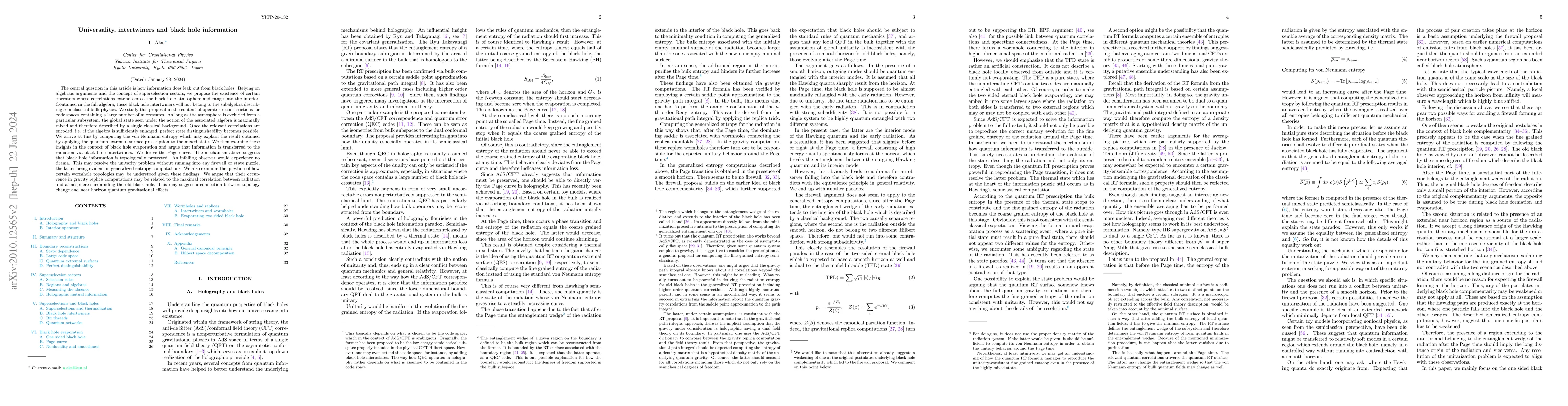 Thumbnail for Universality, intertwiners and black hole information