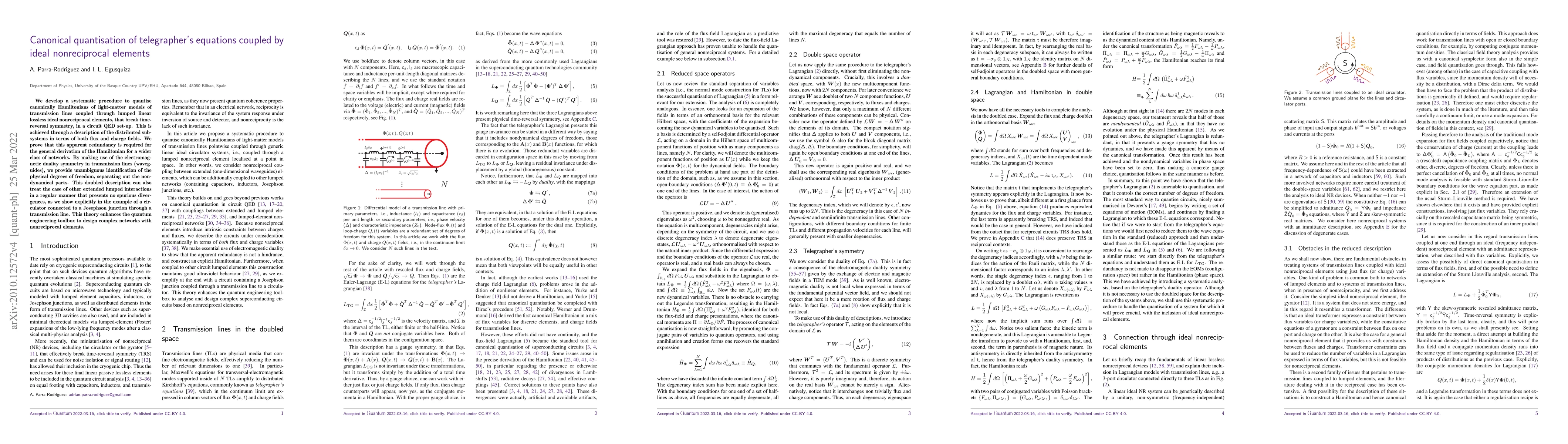 Thumbnail for Canonical quantisation of telegrapher's equations coupled by ideal
  nonreciprocal elements