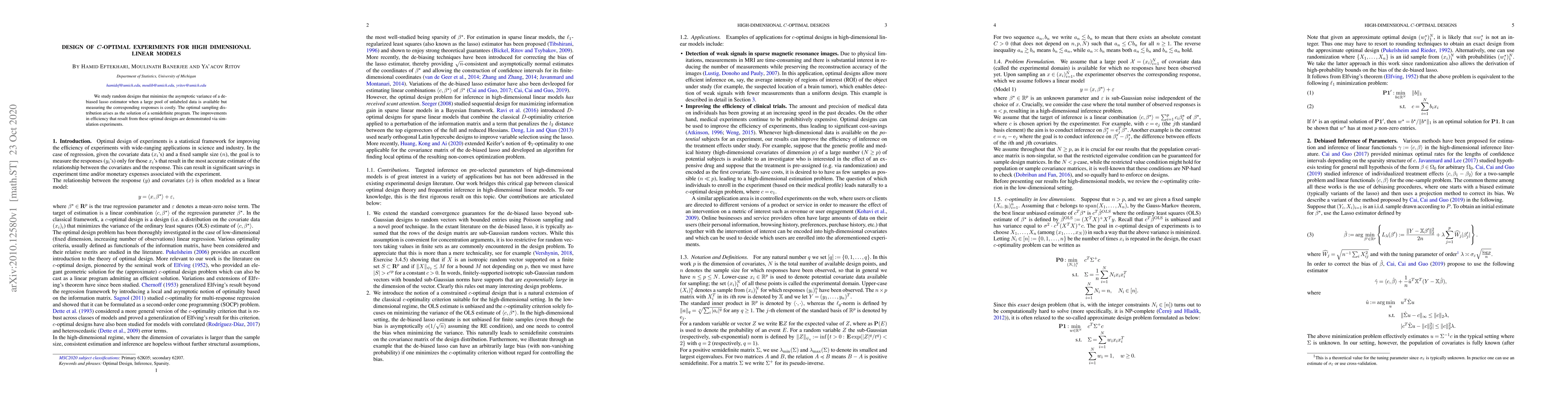 Thumbnail for Design of $c$-Optimal Experiments for High dimensional Linear Models