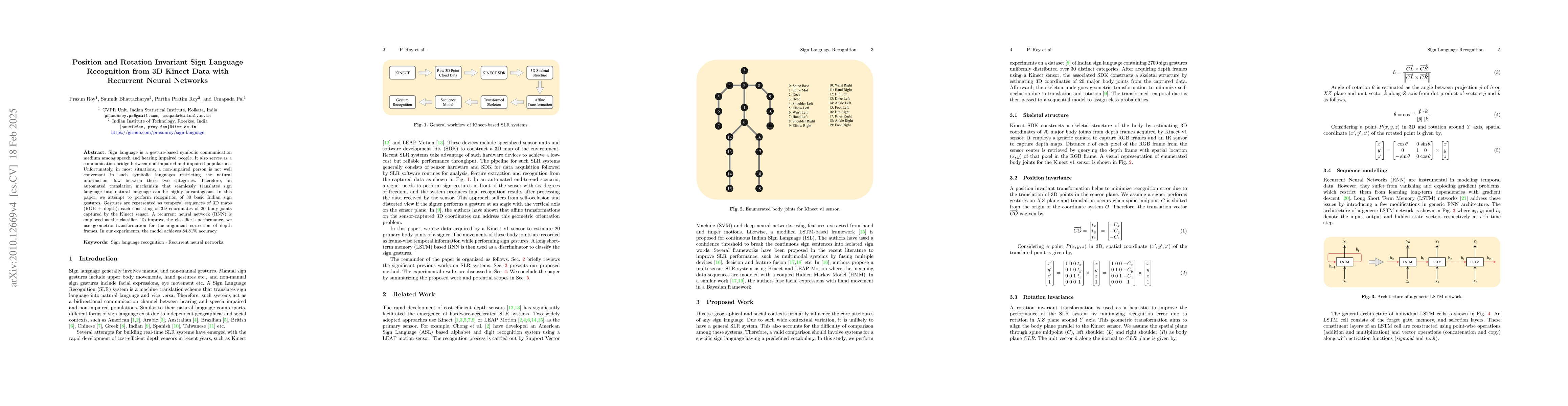 Thumbnail for Position and Rotation Invariant Sign Language Recognition from 3D Kinect
  Data with Recurrent Neural Networks