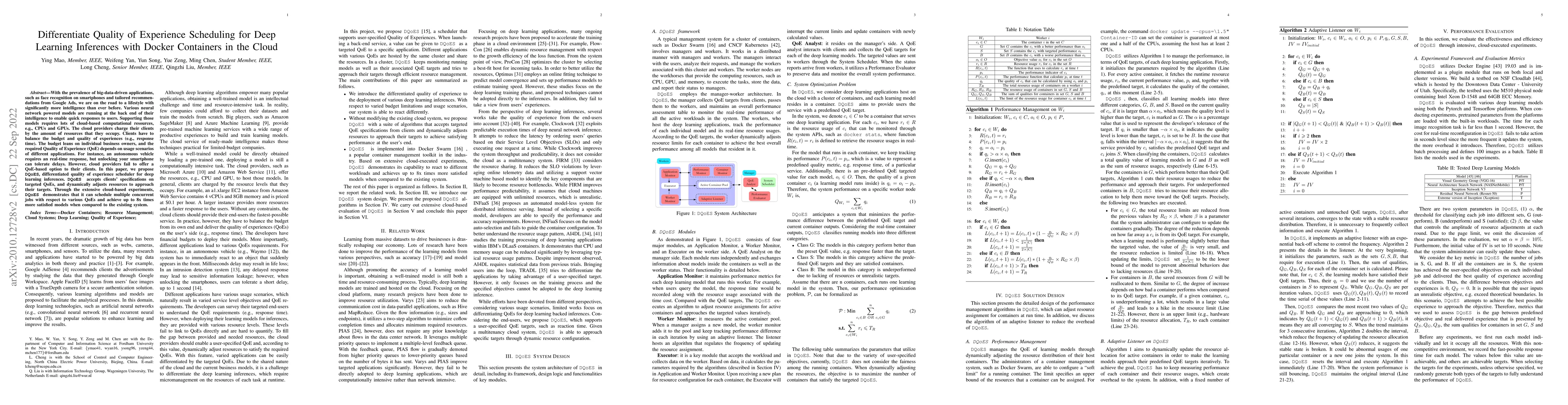 Thumbnail for Differentiate Quality of Experience Scheduling for Deep Learning
  Inferences with Docker Containers in the Cloud